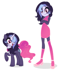 Size: 3399x4172 | Tagged: safe, artist:arshe12, oc, oc only, oc:glare cross, pony, unicorn, equestria girls, g4, choker, clothes, commission, crossed arms, curved horn, dress, equestria girls-ified, female, high heels, horn, mare, markings, multicolored hair, open mouth, raised hoof, shoes, simple background, solo, stockings, thigh highs, transparent background, ych result