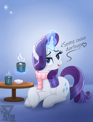 Size: 2100x2746 | Tagged: safe, artist:theretroart88, rarity, pony, unicorn, g4, bedroom eyes, chocolate, clothes, crossed hooves, darling, dialogue, drink, empathy cocoa, eyeshadow, female, food, hot chocolate, levitation, lidded eyes, looking at you, lying down, magic, makeup, mare, marshmallow, mug, prone, scarf, smiling, smiling at you, solo, striped scarf, table, talking to viewer, telekinesis