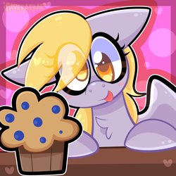 Size: 2000x2000 | Tagged: safe, artist:saveraedae, derpy hooves, pegasus, pony, g4, :p, abstract background, blushing, cute, derpabetes, eye clipping through hair, female, food, high res, mare, muffin, solo, table, tongue out