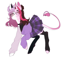 Size: 2163x2040 | Tagged: safe, artist:ruru_01, oc, oc only, earth pony, original species, pony, succubus, clothes, commission, devil horns, devil tail, ear piercing, full body, glasses, grin, high res, horns, looking at you, piercing, simple background, skirt, smiling, smiling at you, solo, stockings, sweater, tail, thigh highs, white background