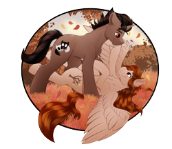 Size: 3471x3000 | Tagged: safe, artist:monsoonvisionz, oc, oc only, pegasus, pony, unicorn, boop, duo, duo male and female, female, high res, horn, leaves, looking at each other, looking at someone, lying down, male, on back, palindrome get, pegasus oc, simple background, transparent background, unicorn oc