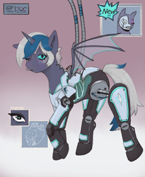 Size: 2342x2860 | Tagged: safe, alternate version, artist:magpiegoblin, oc, oc only, oc:elizabat stormfeather, alicorn, bat pony, bat pony alicorn, pony, robot, robot pony, advertisement, alicorn oc, bat pony oc, bat wings, commission, eyes closed, female, gradient background, gritted teeth, heart, high res, horn, lacrimal caruncle, mare, one eye closed, raised hoof, raised leg, ribcage, solo, teeth, textless, textless version, wings, wink, wires, ych result