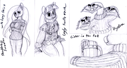 Size: 1200x650 | Tagged: safe, artist:sepiakeys, fluttershy, twilight sparkle, hydra, anthro, g4, christmas sweater, cider, cider mug, clothes, monochrome, mug, multiple heads, off shoulder, off shoulder sweater, simple background, sketch, sweater, traditional art, white background