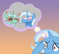 Size: 1166x1074 | Tagged: artist needed, source needed, safe, trixie, g4, blushing, bubble, gradient background, numget, sweat, two buttons meme