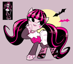 Size: 2049x1803 | Tagged: safe, artist:syrupyyy, bat, earth pony, pony, undead, vampire, vampony, boots, clothes, crossover, cute, draculaura, fangs, female, full moon, lip bite, lipstick, makeup, mare, monster high, moon, ponified, shirt, shoes, skirt, socks, solo, stockings, thigh highs