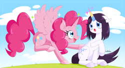 Size: 828x455 | Tagged: safe, artist:xackadzu, pinkie pie, oc, alicorn, pony, unicorn, g4, alicornified, female, horn, pinkiecorn, race swap, wings, xk-class end-of-the-world scenario