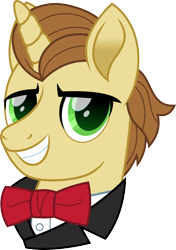 Size: 1129x1600 | Tagged: safe, artist:cloudy glow, con mane, donut joe, pony, unicorn, g4, mmmystery on the friendship express, bowtie, bust, clothes, green eyes, james bond, male, secret agent, simple background, smiling, solo, transparent background, vest