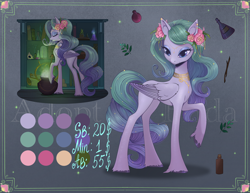 Size: 4534x3500 | Tagged: safe, artist:fridagloria, oc, oc only, pegasus, pony, adoptable, cauldron, color palette, concave belly, female, flower, flower in hair, high res, jewelry, lidded eyes, long legs, mare, necklace, raised hoof, slender, solo, tall, thin, unshorn fetlocks