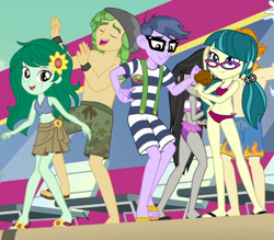 Size: 658x577 | Tagged: safe, artist:ajosterio, edit, edited screencap, screencap, vector edit, juniper montage, microchips, octavia melody, sandalwood, valhallen, wallflower blush, human, equestria girls, equestria girls series, g4, i'm on a yacht, spoiler:eqg series (season 2), bare shoulders, beanie, belly button, bikini, camp everfree logo, chocolate, clothes, cropped, cute, dancing, double date, feet, female, flower, flowerbetes, food, glasses, hairpin, hat, ice cream, ice cream cone, legs, male, male feet, microjuniper, midriff, ponytails, raised leg, sandalflower, sandals, sarong, shipping, shorts, skirt, sleeveless, smiling, straight, sunflower, suspenders, swimming trunks, swimsuit, vector