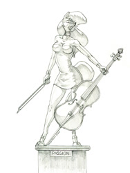 Size: 1000x1328 | Tagged: safe, artist:baron engel, octavia melody, earth pony, anthro, unguligrade anthro, g4, bow (instrument), cello, cello bow, female, mare, monochrome, musical instrument, pencil drawing, simple background, solo, statue, traditional art, white background