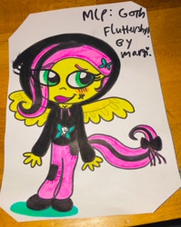 Size: 1630x2048 | Tagged: safe, artist:mgmillustrations, fluttershy, pegasus, anthro, equestria girls, g4, clothes, emoshy, female, goth, hoodie, solo, traditional art