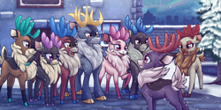 Size: 3600x1800 | Tagged: safe, artist:thescornfulreptilian, blitzen (tfh), comet (tfh), cupid (tfh), dancer (tfh), dasher (tfh), donner (tfh), prancer (tfh), vixen (tfh), deer, reindeer, them's fightin' herds, buck, cloven hooves, community related, doe, female, high res, male, outdoors, pine tree, snow, tree, winter