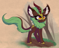 Size: 3365x2774 | Tagged: safe, artist:windykirin, cinder glow, summer flare, kirin, g4, big ears, cinderbetes, cloven hooves, cute, female, grass, high res, horn, long eyelashes, solo, tree, walking