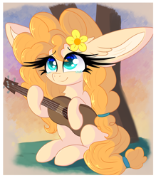 Size: 2832x3230 | Tagged: safe, artist:windykirin, pear butter, earth pony, pony, g4, big ears, female, guitar, high res, long ears, long eyelashes, mare, musical instrument, sitting, solo, tree