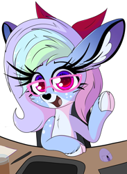 Size: 2374x3239 | Tagged: safe, artist:windykirin, oc, oc only, oc:parity bit, deer, big ears, bow, cloven hooves, computer mouse, desk, doe, drawing tablet, female, glasses, high res, long eyelashes, simple background, solo, white background