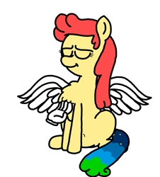 Size: 3023x3351 | Tagged: safe, artist:professorventurer, oc, oc:power star, pegasus, pony, belly button, chest fluff, disembodied hand, eyes closed, female, hand, high res, mare, rule 85, satisfied, scratching, sitting, smiling, spread wings, super mario 64, wings