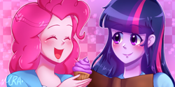 Size: 2560x1280 | Tagged: safe, artist:mra-13, pinkie pie, twilight sparkle, human, equestria girls, g4, book, checkered background, cupcake, eyes closed, female, food, open mouth, smiling