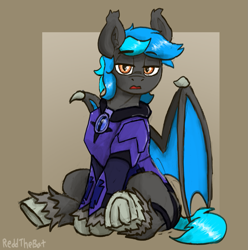 Size: 1445x1458 | Tagged: safe, artist:reddthebat, oc, oc only, oc:dim halhide, bat pony, pony, armor, bat pony oc, eyebrows, eyebrows visible through hair, frog (hoof), lidded eyes, looking at you, night guard, passepartout, sitting, solo, underhoof, unshorn fetlocks