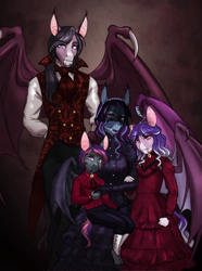 Size: 2550x3423 | Tagged: safe, artist:askbubblelee, oc, oc only, oc:constantine morningstar, oc:indigo rose, oc:lilac morningstar, oc:orpheus, bat pony, anthro, unguligrade anthro, anthro oc, bat pony oc, clothes, colt, digital art, dress, family photo, female, filly, foal, high res, male, mare, sitting, slit pupils, stallion, suit, veil