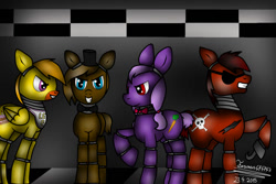 Size: 750x500 | Tagged: safe, artist:terezas474747, pegasus, pony, g4, animatronic, bonnie (fnaf), chica, crossover, evil smile, five nights at freddy's, freddy fazbear, ponified