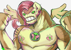 Size: 1169x827 | Tagged: safe, fluttershy, alien, pegasus, pony, g4, ben 10, humungousaur, muscles, muscleshy, solo, species swap