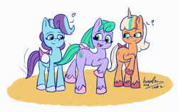 Size: 1779x1122 | Tagged: safe, artist:ismazhecat, glory (g5), peach fizz, seashell (g5), earth pony, pegasus, pony, unicorn, g5, bow, female, filly, foal, pippsqueak trio, pippsqueaks, question mark, simple background, tail, tail bow, white background