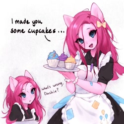 Size: 1079x1073 | Tagged: safe, artist:ivyuun, pinkie pie, earth pony, anthro, fanfic:cupcakes, g4, :d, adoracreepy, bow, clothes, confused, creepy, cuffs (clothes), cupcake, cute, cuteamena, cutie mark on clothes, diapinkes, dress, duo, female, food, hair bow, horse meat, implied cupcakes, implied rainbow dash, maid, meat, offscreen character, open mouth, open smile, pinkamena diane pie, pinkie maid, smiling