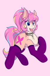 Size: 1366x2048 | Tagged: safe, artist:mscolorsplash, oc, oc only, oc:bijou butterfly, earth pony, pony, clothes, female, mare, open mouth, open smile, pale belly, pink background, simple background, smiling, solo, stockings, thigh highs