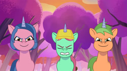 Size: 3072x1727 | Tagged: safe, screencap, emerald saucer, grassy hills, plum library, pony, unicorn, friday night food fight, g5, my little pony: tell your tale, spoiler:g5, spoiler:my little pony: tell your tale, spoiler:tyts01e66, eyes closed, female, lip bite, male, mare, smiling, smirk, stallion, trio