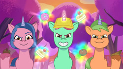 Size: 3072x1727 | Tagged: safe, screencap, emerald saucer, grassy hills, plum library, pony, unicorn, friday night food fight, g5, my little pony: tell your tale, spoiler:g5, spoiler:my little pony: tell your tale, spoiler:tyts01e66, cake, donut, eyebrows, female, food, grin, magic, male, mare, raised eyebrow, smiling, stallion, telekinesis, trio