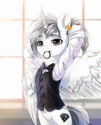 Size: 1904x2366 | Tagged: safe, artist:ro_angel_art, oc, oc only, oc:diamond von blitz, alicorn, pony, bow, cute, ear piercing, earring, hairband, jewelry, male, not a condom, outfit, piercing, spread wings, stallion, sunlight, window, wings