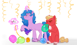 Size: 4420x2585 | Tagged: safe, artist:mythicalartist_, izzy moonbow, sprout cloverleaf, earth pony, pony, unicorn, g5, balloon, blowing up balloons, commission, commissioner:puffydearlysmith, duo, female, glowing, glowing horn, high res, horn, inflating, male, mare, puffy cheeks, scissors, simple background, stallion, streamers, white background