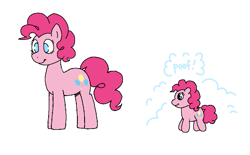 Size: 903x560 | Tagged: safe, artist:dsstoner, pinkie pie, earth pony, pony, g4, before and after, female, inanimate tf, mare, onomatopoeia, pinktober, plushie, plushification, ponk, poof, simple background, solo, transformation, white background