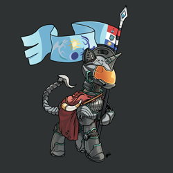 Size: 3000x3000 | Tagged: safe, artist:hotkoin, oc, oc only, oc:aquaria lance, pony, unicorn, armor, banner, cape, clothes, flag, gray background, helmet, high res, horn, power armor, simple background, solo, visor