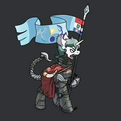 Size: 3000x3000 | Tagged: safe, artist:hotkoin, oc, oc only, oc:aquaria lance, pony, unicorn, armor, banner, cape, clothes, flag, gray background, high res, horn, power armor, simple background, solo