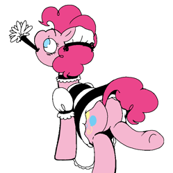 Size: 754x758 | Tagged: safe, artist:dsstoner, pinkie pie, earth pony, pony, g4, butt, cleaning, clothes, dress, duster, female, maid, mare, mouth hold, one leg raised, pinkie maid, pinktober, pinktober 2023, plot, simple background, solo, white background