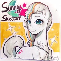 Size: 2310x2310 | Tagged: safe, artist:xiaowu07, sunny starscout, earth pony, pony, g5, cute, female, high res, mane stripe sunny, mare, smiling, solo, traditional art