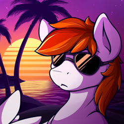 Size: 1200x1200 | Tagged: safe, artist:theparagon, oc, oc only, oc:felix gulfstream, pegasus, pony, avatar, male, ocean, palm tree, solo, sun, synthwave, tree, water