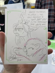 Size: 1536x2048 | Tagged: safe, artist:andypriceart, queen chrysalis, oc, oc:fluffle puff, changeling, changeling queen, earth pony, pony, g4, annoyed, colored sketch, convention, dialogue, duo, eyes closed, female, hand, mare, open mouth, sketch, taxes, tired of your shit, traditional art, unamused