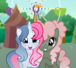 Size: 1585x1431 | Tagged: safe, artist:darbypop1, oc, oc only, oc:melody everbelle, oc:pixie crystal, alicorn, pegasus, pony, unicorn, bell, bell collar, carnival, collar, cute, female, ferris wheel, glasses, mare, ocbetes, tent