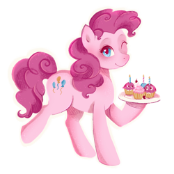 Size: 1024x1024 | Tagged: safe, artist:yuntaoxd, pinkie pie, earth pony, pony, g4, cupcake, food, looking at you, one eye closed, simple background, solo, transparent background, wink