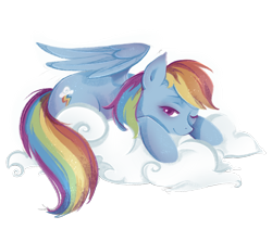 Size: 1500x1340 | Tagged: safe, artist:yuntaoxd, rainbow dash, pegasus, pony, g4, cloud, female, looking at you, mare, on a cloud, one eye closed, simple background, smiling, solo, transparent background