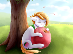 Size: 2300x1700 | Tagged: safe, artist:moewwur, artist:rin-mandarin, oc, oc only, oc:steffany, pony, pony town, antennae, food, ginger eyes, ginger hair, light skin, one eye closed, orange eyes, outdoors, peach, pegasus wings, red hair, sky, solo, tendrils, tree, wings