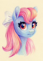 Size: 854x1200 | Tagged: safe, artist:maytee, wind whistler, pegasus, pony, g1, g4, bow, bust, colored pencil drawing, commission, cute, female, g1 to g4, generation leap, hair bow, mare, portrait, solo, toned paper, traditional art, whistlerbetes