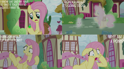 Size: 2000x1123 | Tagged: safe, edit, edited screencap, editor:quoterific, screencap, angel bunny, fluttershy, g4, she talks to angel, bag, bottle, ponyville, saddle bag