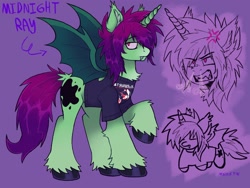 Size: 2048x1536 | Tagged: safe, artist:mxmx fw, oc, oc:midnight ray, bat pony, bat pony unicorn, hybrid, pony, unicorn, angry, bat wings, chest fluff, clothes, ear fluff, emo, fangs, hair over one eye, hoof polish, horn, male, messy mane, my chemical romance, purple background, raised hoof, shirt, simple background, solo, stallion, two toned mane, unshorn fetlocks, wings