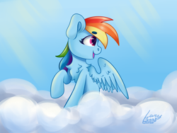 Size: 4000x3000 | Tagged: safe, artist:lazybread, rainbow dash, pegasus, pony, g4, chest fluff, cloud, colored eyebrows, crepuscular rays, eyebrows, eyebrows visible through hair, female, high res, looking sideways, mare, on a cloud, open mouth, open smile, outdoors, profile, raised hoof, signature, sky, smiling, solo, wings