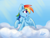 Size: 4000x3000 | Tagged: safe, artist:lazybread, rainbow dash, pegasus, pony, g4, chest fluff, cloud, colored eyebrows, crepuscular rays, eyebrows, eyebrows visible through hair, female, high res, looking sideways, mare, on a cloud, open mouth, open smile, outdoors, profile, raised hoof, signature, sky, smiling, solo, wings