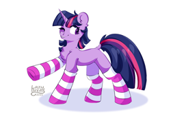 Size: 3500x2500 | Tagged: safe, artist:lazybread, twilight sparkle, pony, unicorn, g4, chest fluff, clothes, cute, dock, ear fluff, female, high res, horn, mare, missing cutie mark, one eye closed, raised hoof, shadow, signature, simple background, smiling, socks, solo, striped socks, tail, twiabetes, unicorn twilight, white background, wink