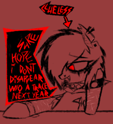 Size: 526x580 | Tagged: safe, artist:xxv4mp_g4z3rxx, oc, oc:violet valium, bat pony, pony, clothes, clueless, collar, ear piercing, fangs, hoodie, hospital band, monochrome, piercing, red eyes, sketch, solo, speech bubble, spiked collar, spiked wristband, talking, two toned mane, wristband